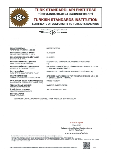 EN 15152 AVRUPA BİRLİĞİ TREN ÖN CAMLARI UYGUNLUK BELGESİ