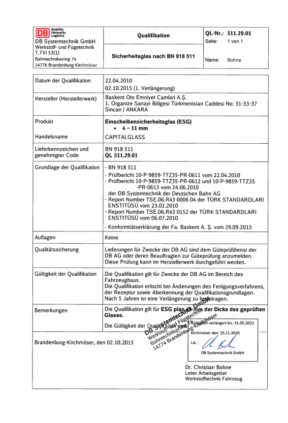 BN 918511 DB TREN CAMLARI UYGUNLUK BELGESİ ESG (4mm-11mm) , VSG (3mm - 9mm)