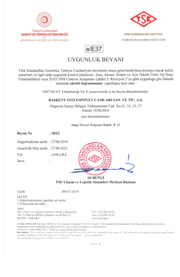 ECE-R43-E37 AVRUPA KITASI ÜLKELERİ STANDARTI (TÜRKİYE)